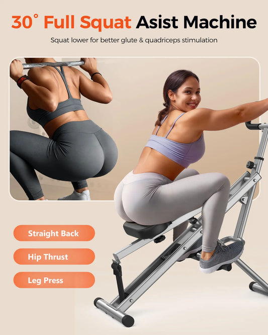 Woman using a full squat assist machine with text indicating its features.