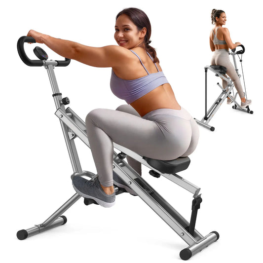 Woman exercising on a bike machine with additional views of her using the equipment.