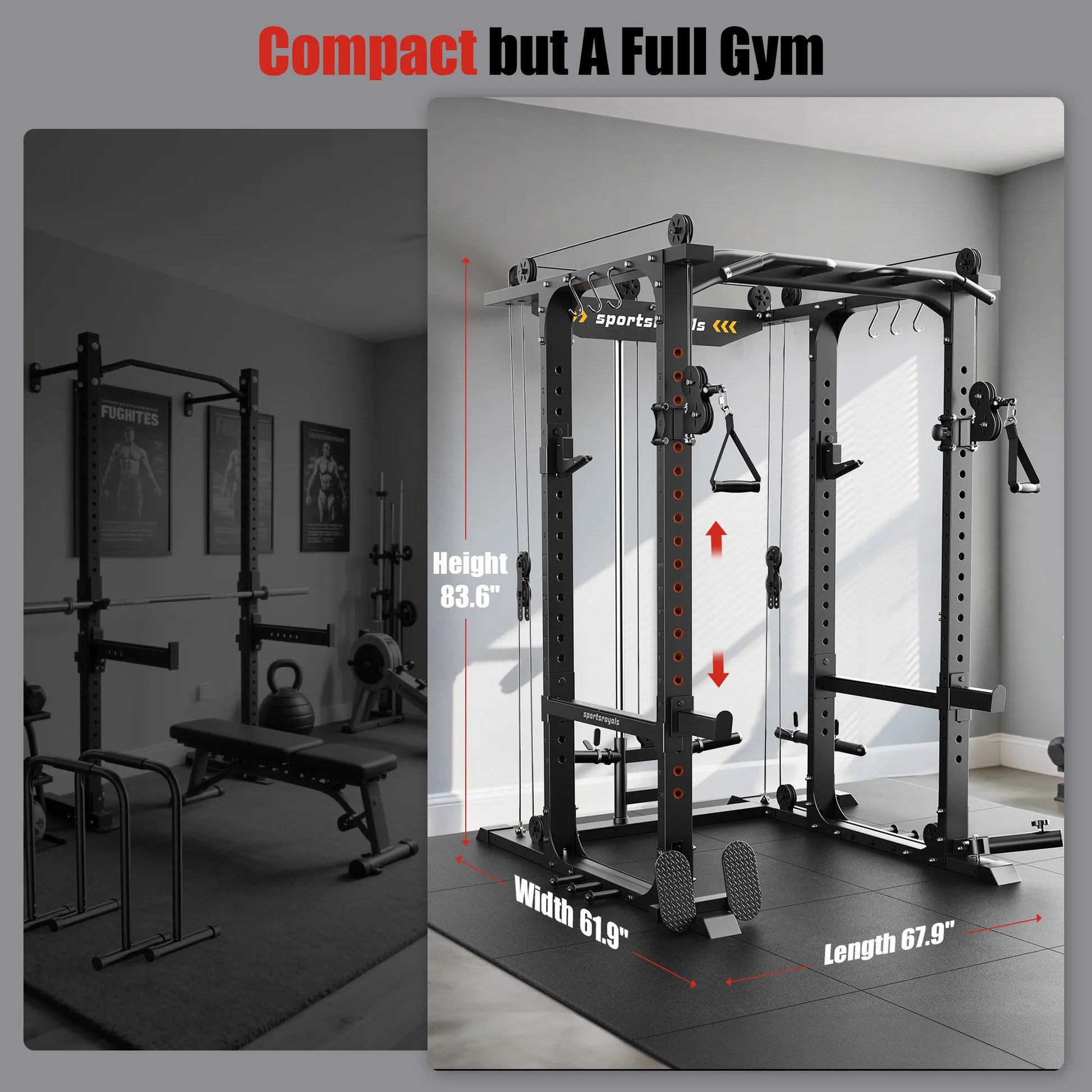 Gym equipment with dimensions displayed, comparing a compact home gym setup.