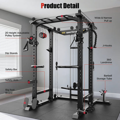 Gym power rack with labeled features in a home gym setting