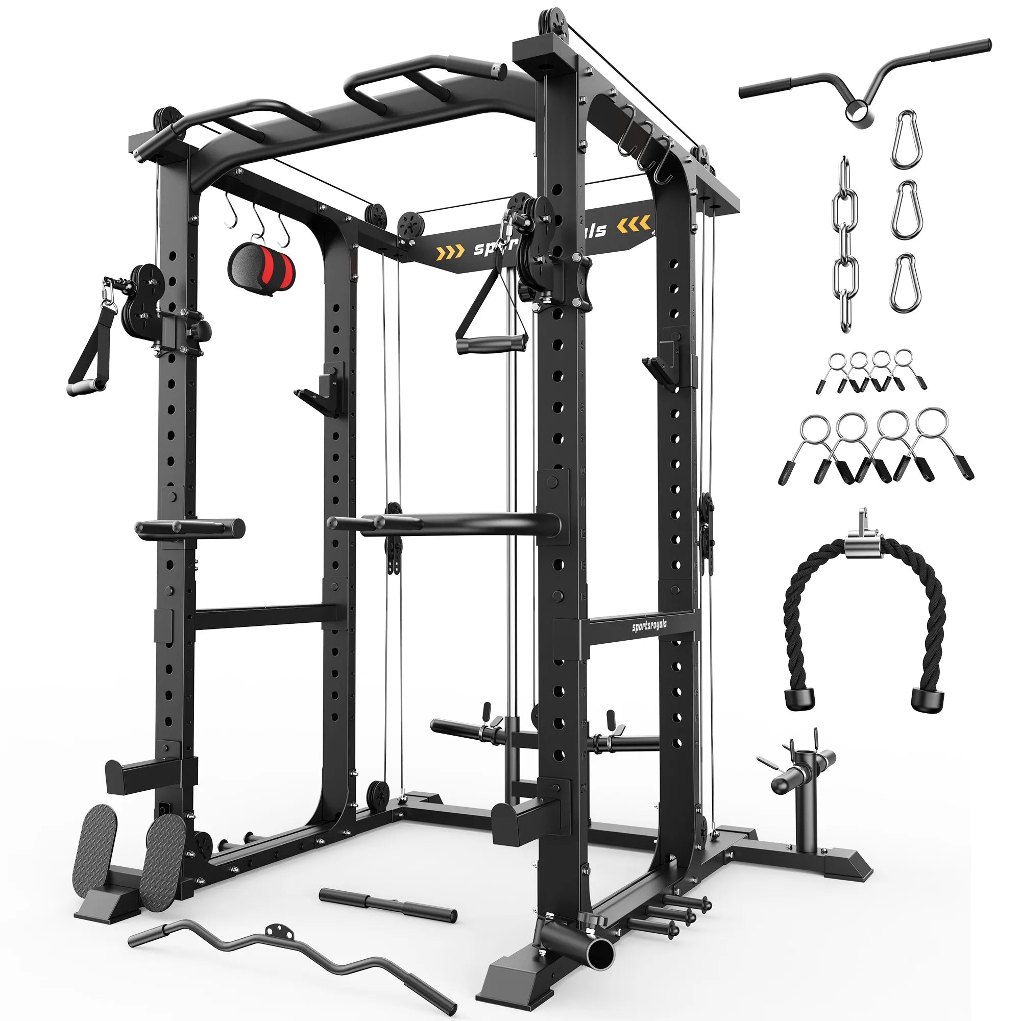 Black power rack with various attachments on a white background