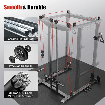 Gym power rack with highlighted components on a gray background