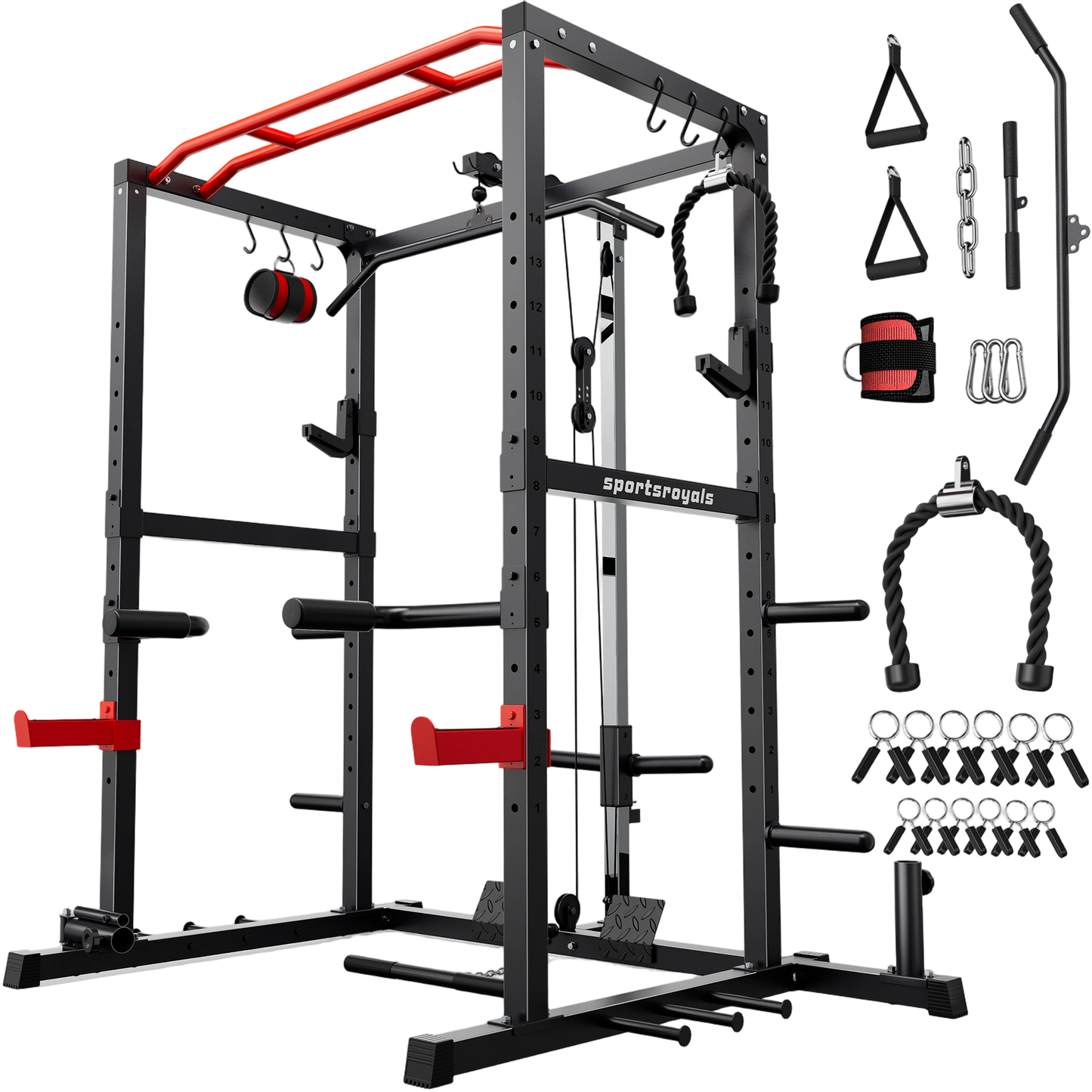 Black and red power rack with various attachments on a white background