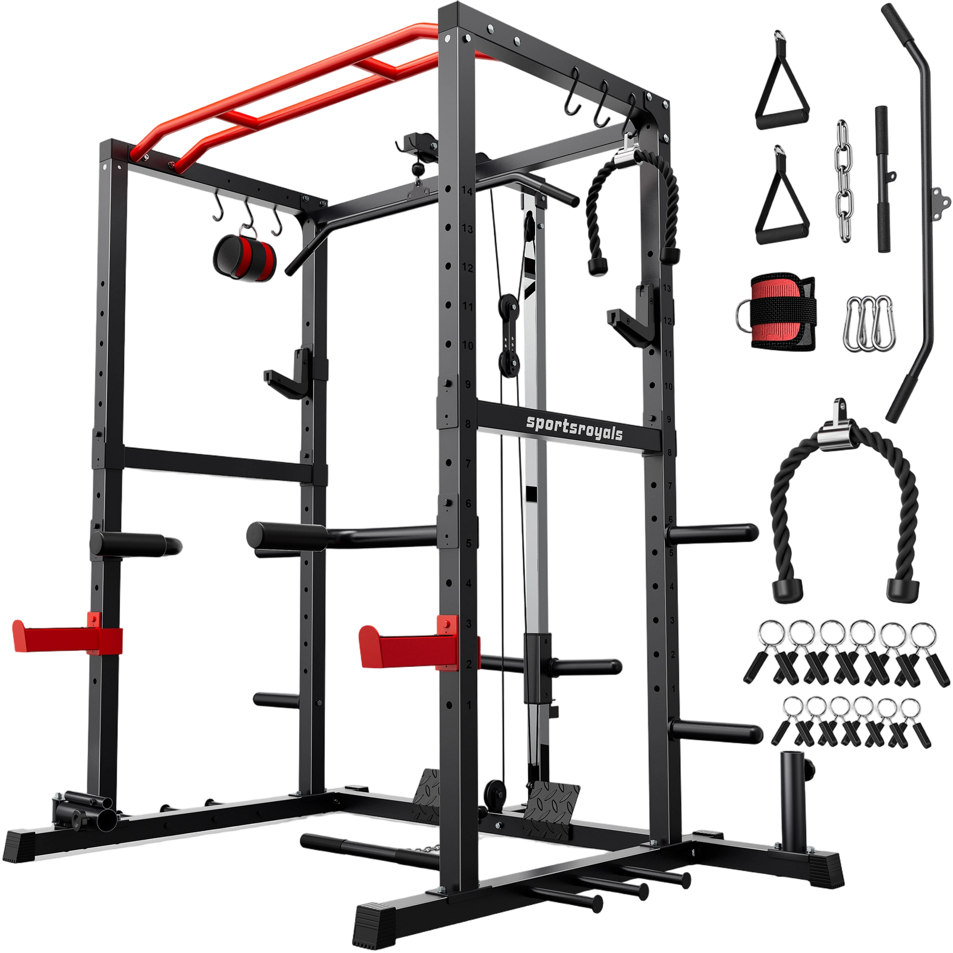Black and red power rack with various attachments on a white background