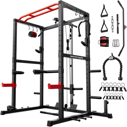 Black and red power rack with various attachments on a white background