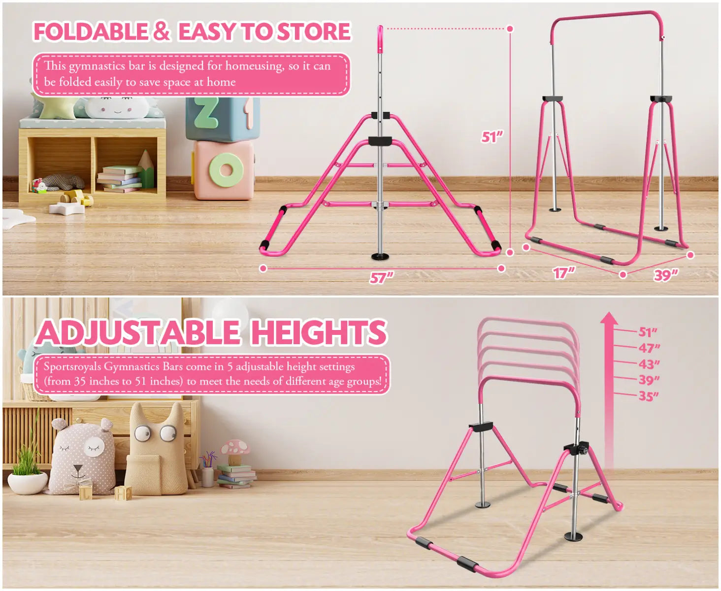 Sportsroyals Adjustable Height gymnastics bar for Kids - quick adjust