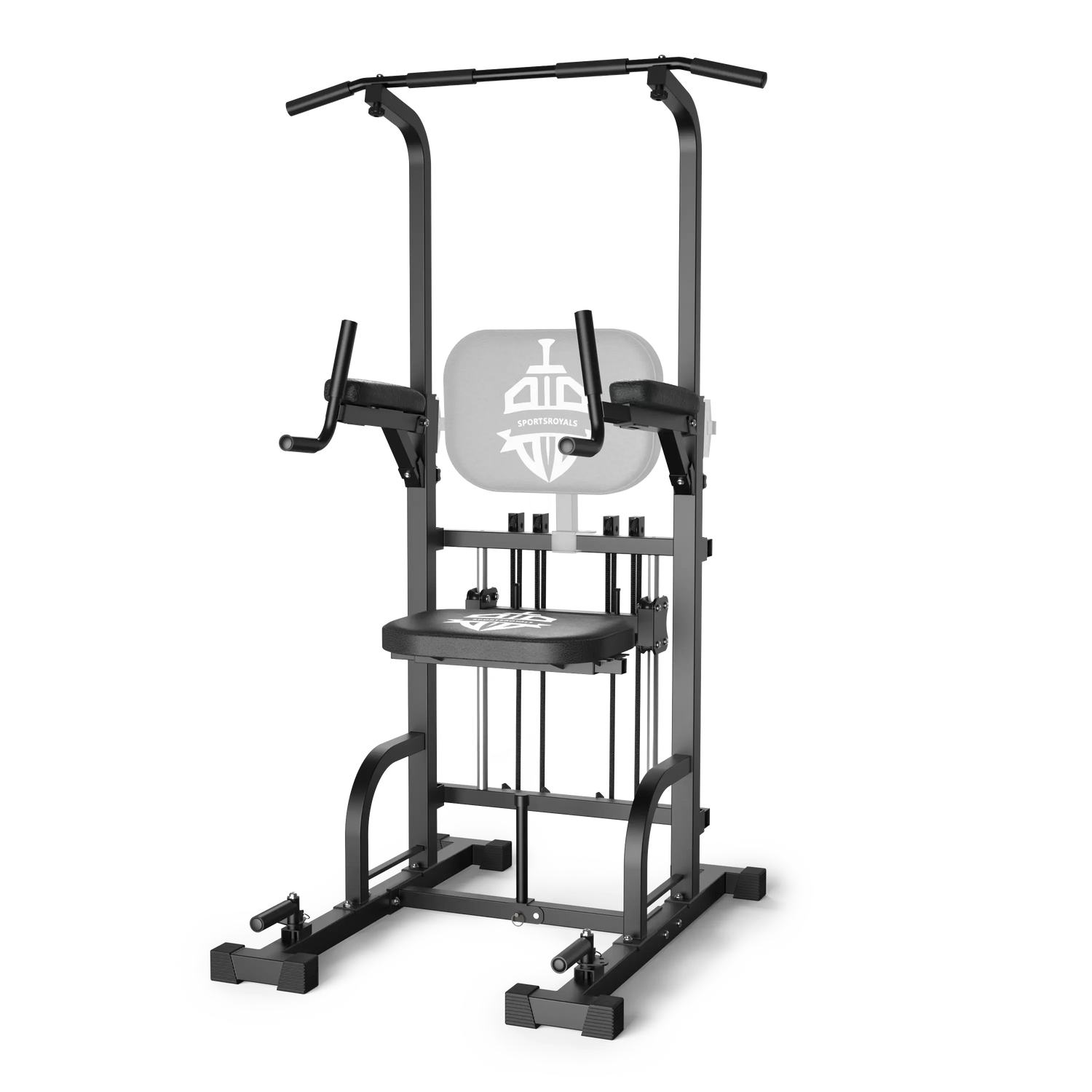 Black home gym exercise station with various attachments on a white background