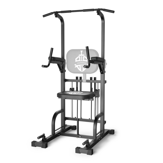 Black home gym exercise station with various attachments on a white background