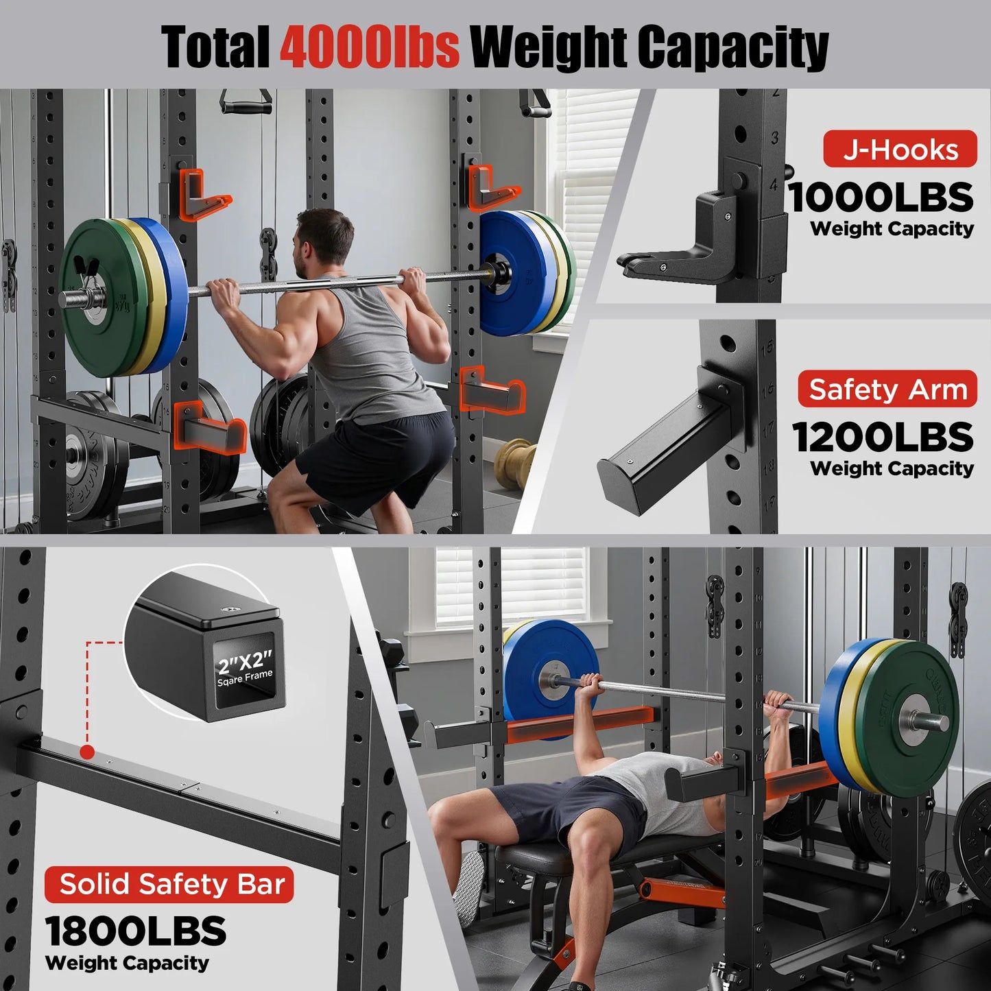 Squat rack with weight capacity details and a person using it.