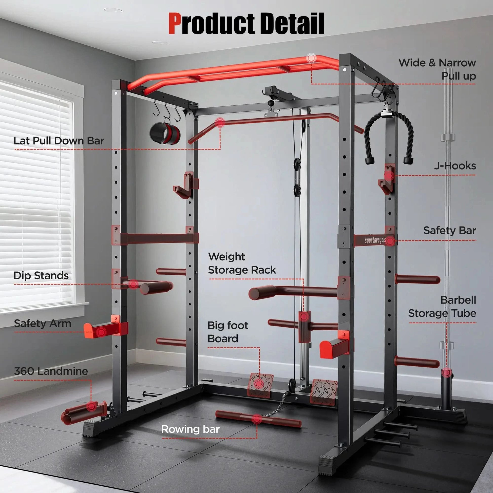 Gym power rack with labeled components in a room setting