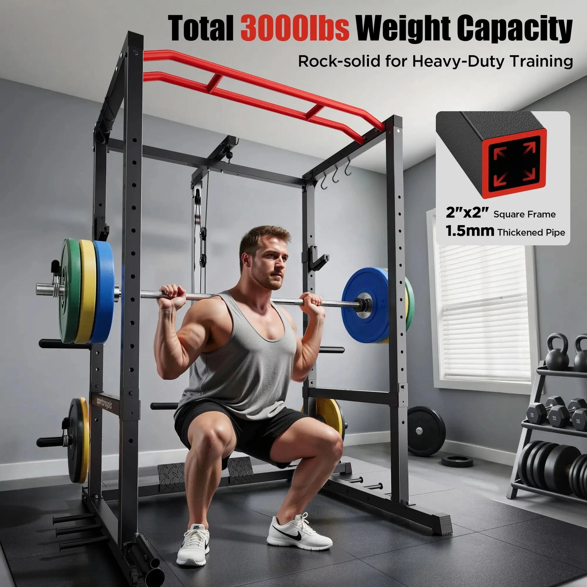 Man lifting weights on a squat rack with 3000lbs capacity label