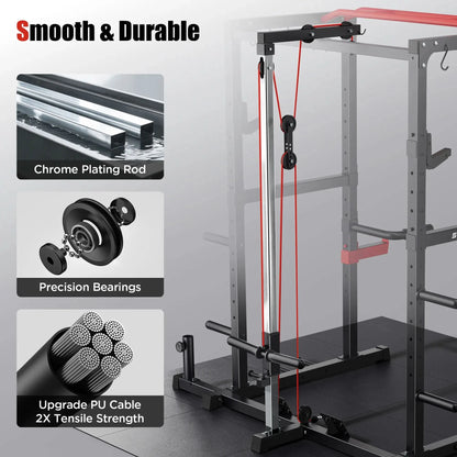 Fitness equipment with chrome plating rod, precision bearings, and upgrade PU cable on a gray background.