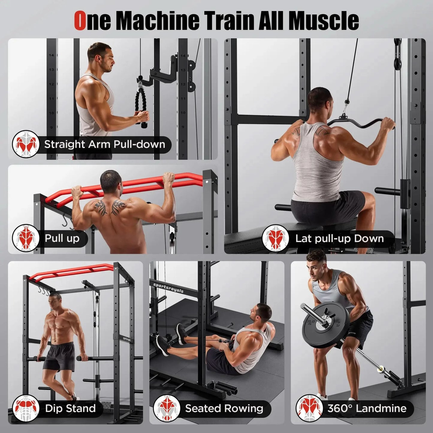 Multifunctional gym machine with various exercises demonstrated by a person.