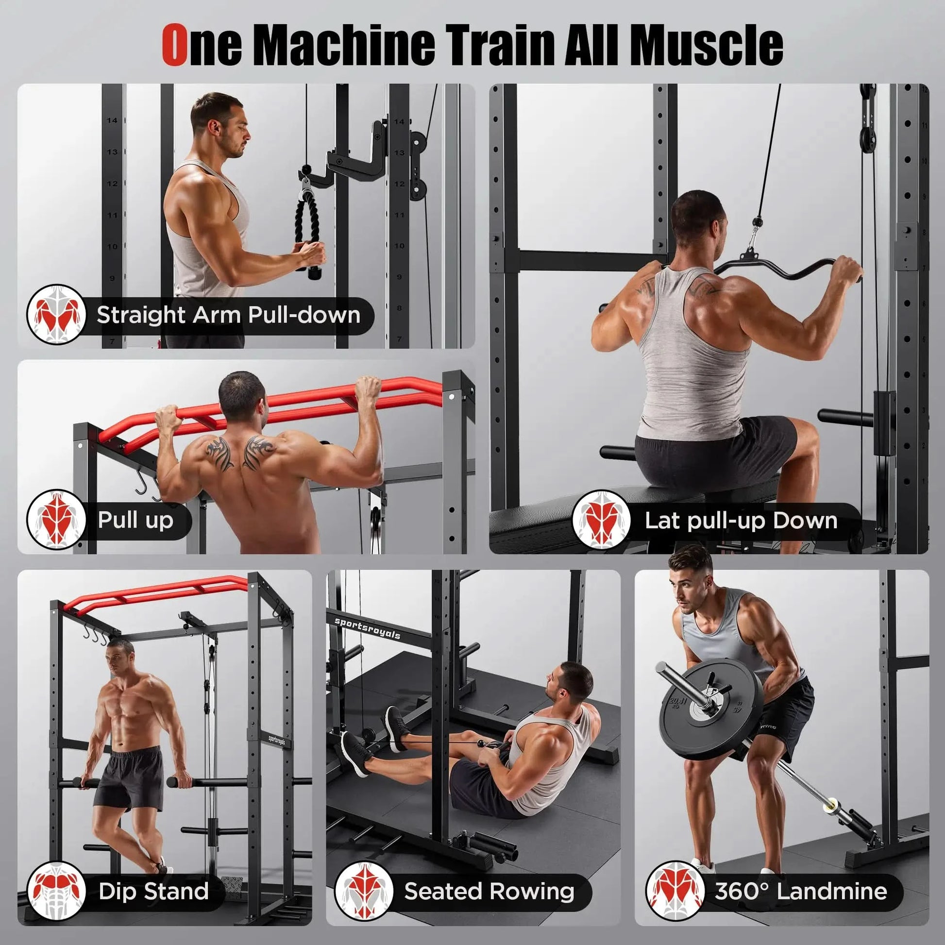 Multifunctional gym machine with various exercises demonstrated by a person.