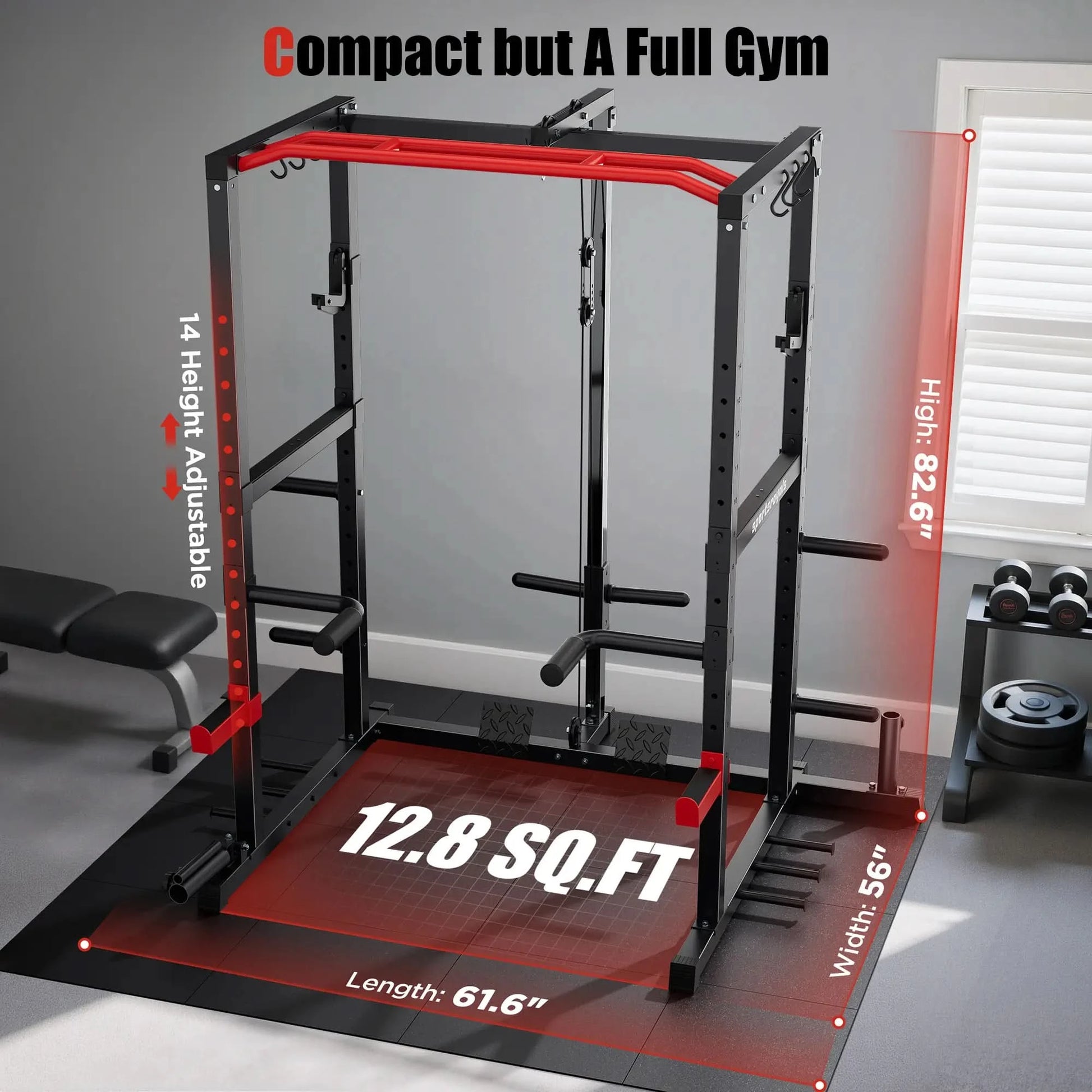 Compact gym power rack with dimensions displayed in a home setting