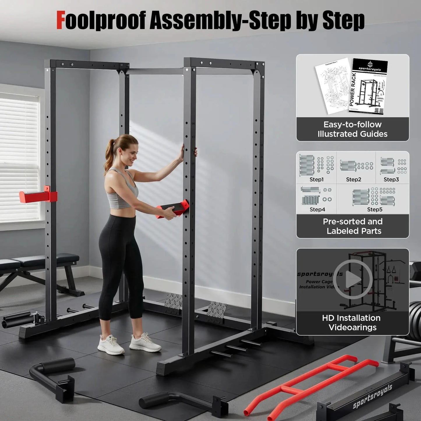 Woman assembling a gym power rack with instructional materials displayed.