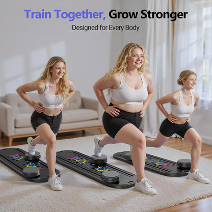 Three women exercising on step platforms in a living room setting with text 'Train Together, Grow Stronger'.