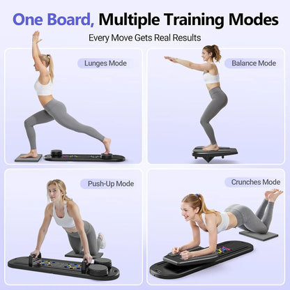 Woman using a fitness board in various training modes on a white background