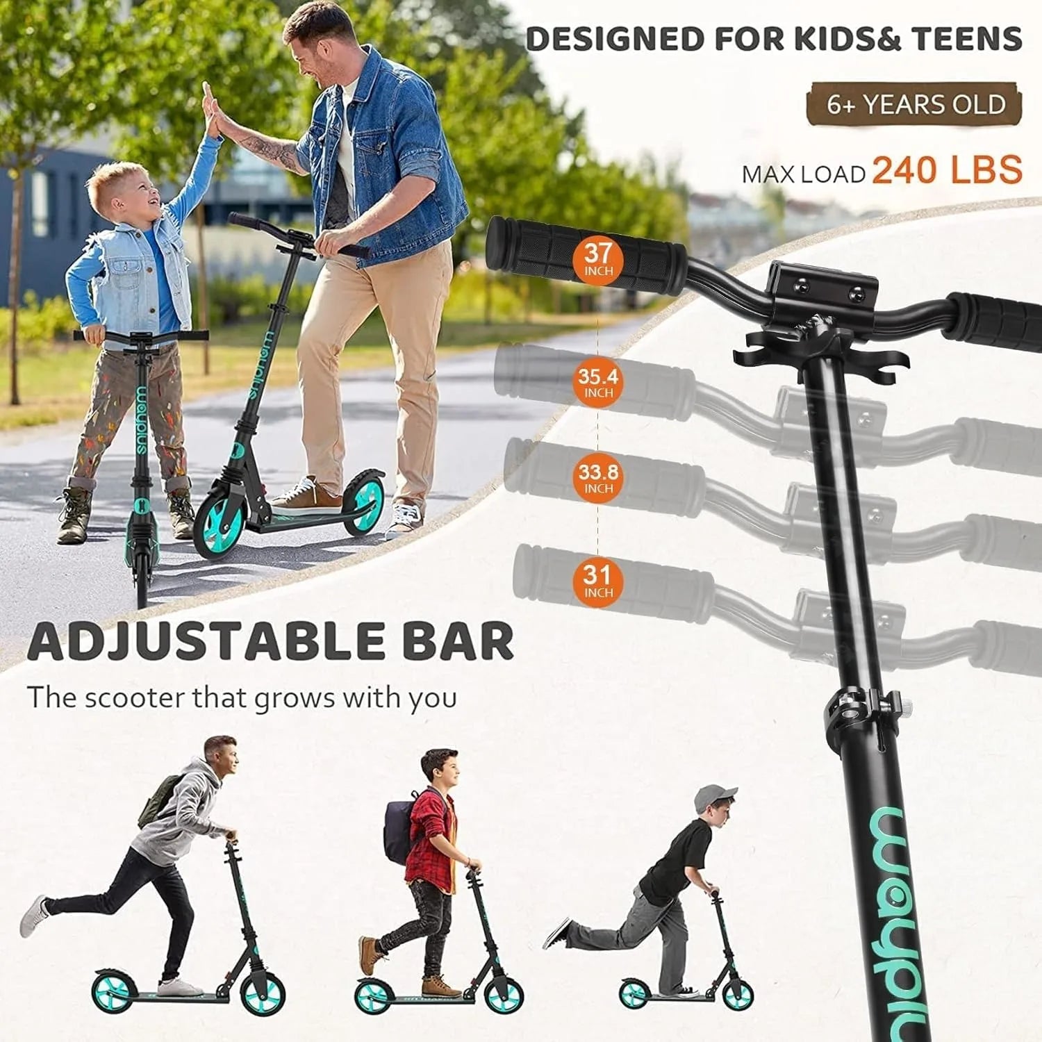 Scooter with adjustable bar designed for kids and teens, featuring a man and child on scooters.