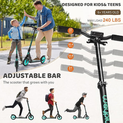 Scooter with adjustable bar designed for kids and teens, featuring a man and child on scooters.