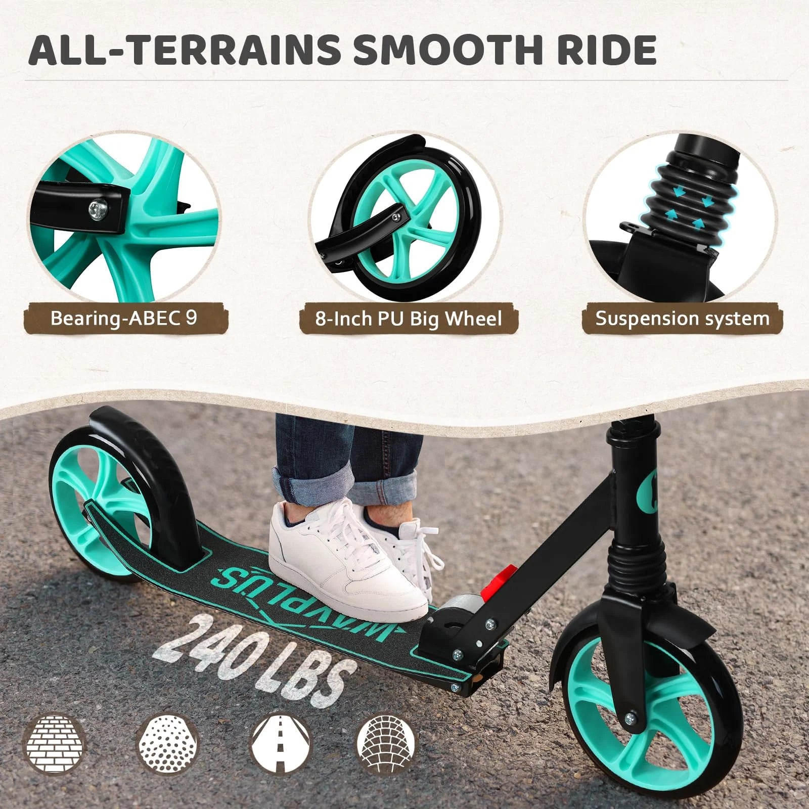 Scooter with turquoise wheels and black frame, featuring details on bearings, wheel size, and suspension system.