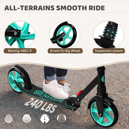 Scooter with turquoise wheels and black frame, featuring details on bearings, wheel size, and suspension system.