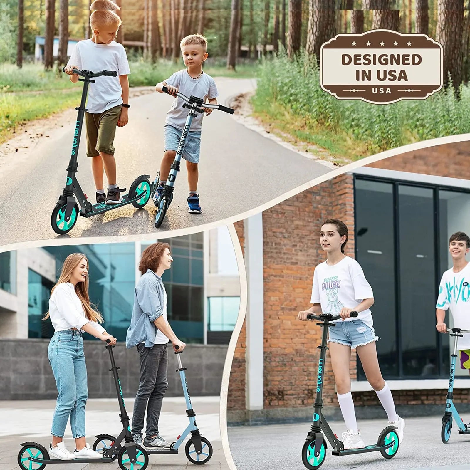Children and adults riding scooters with a 'Designed in USA' label in the top right corner.