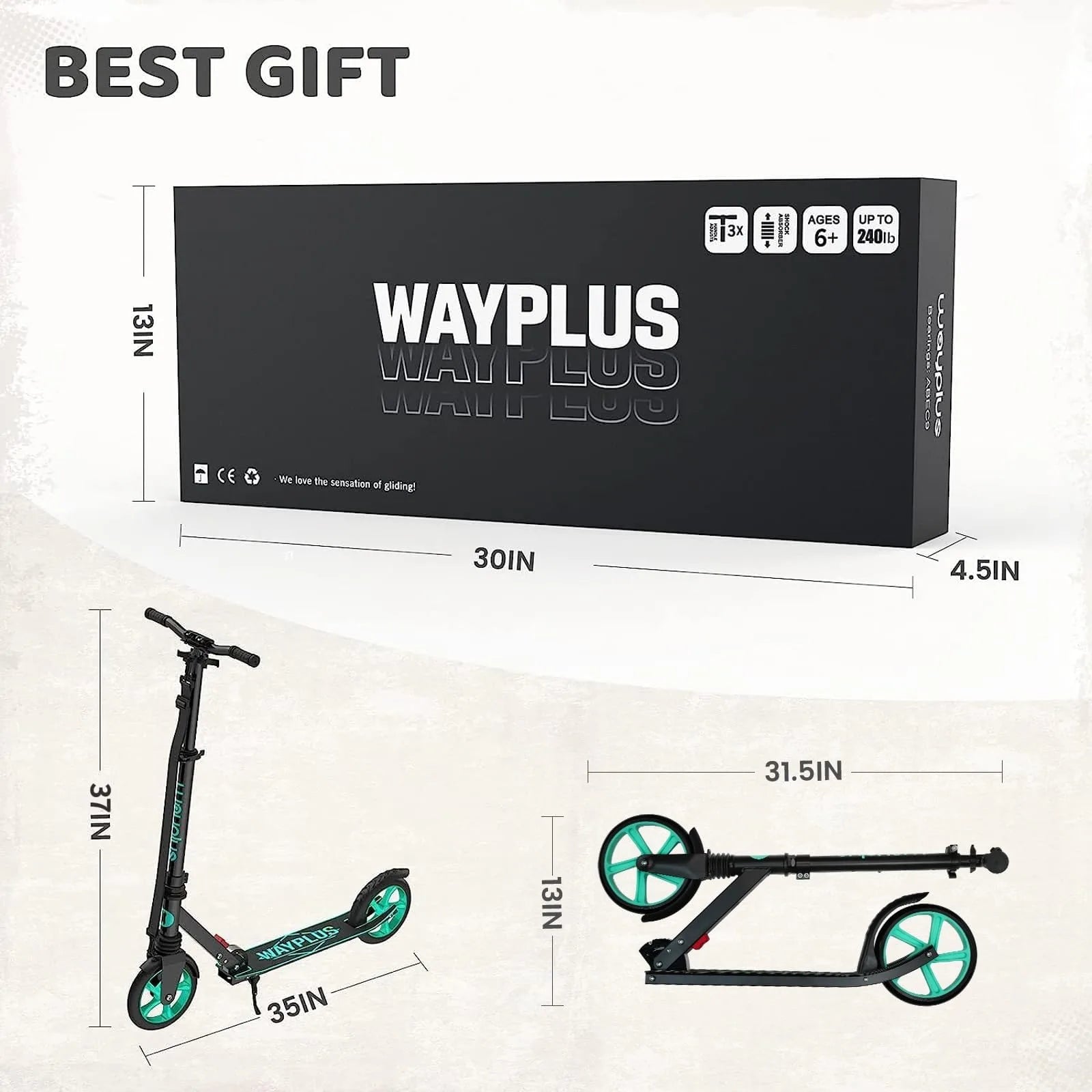 Wayplus scooter packaging with dimensions and product images on a white background
