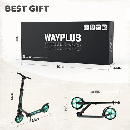 Wayplus scooter packaging with dimensions and product images on a white background