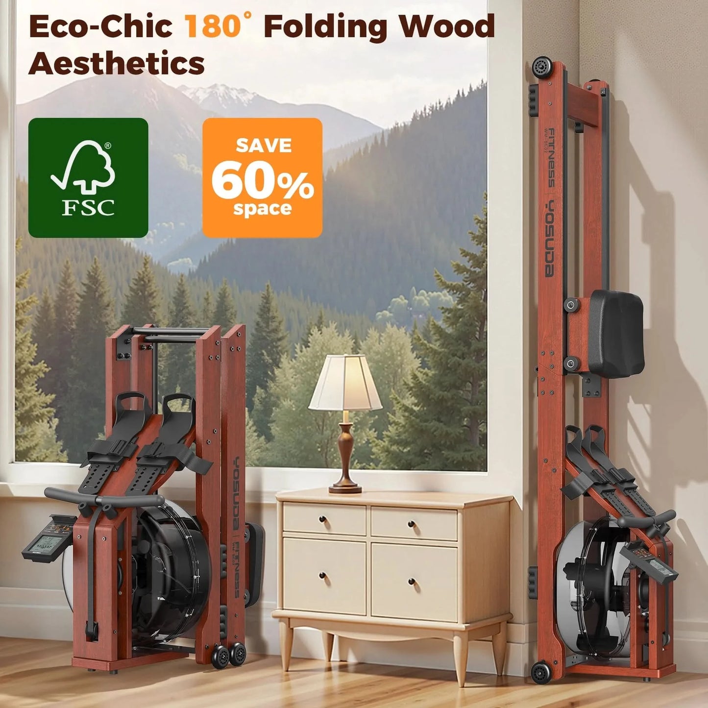 Eco-Chic folding wood gym equipment with FSC logo and space-saving feature in a room with a window view of mountains.