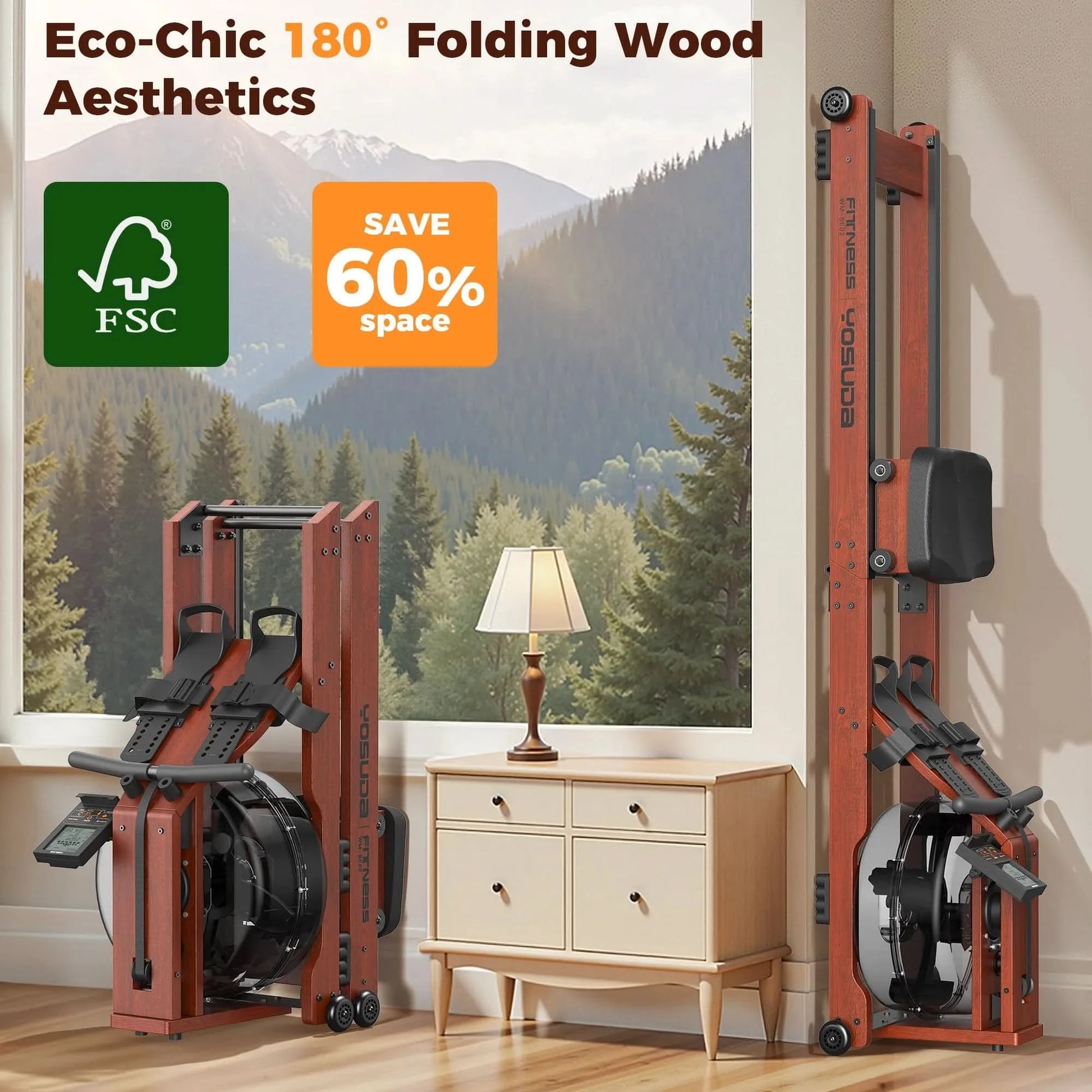 Eco-Chic folding wood gym equipment with FSC logo and space-saving feature in a room with a window view of mountains.