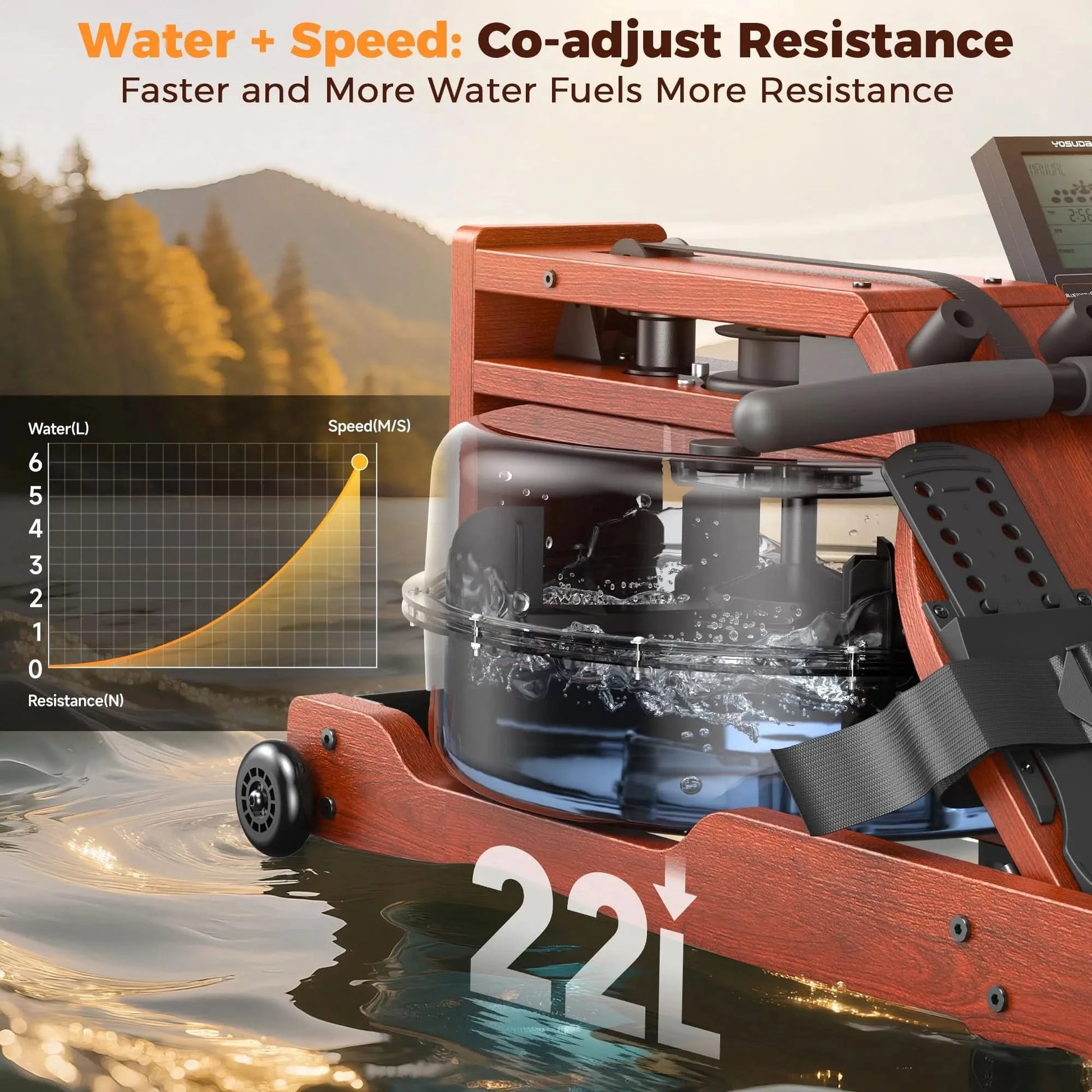 Rowing machine with water tank labeled '22L' in a scenic outdoor setting.