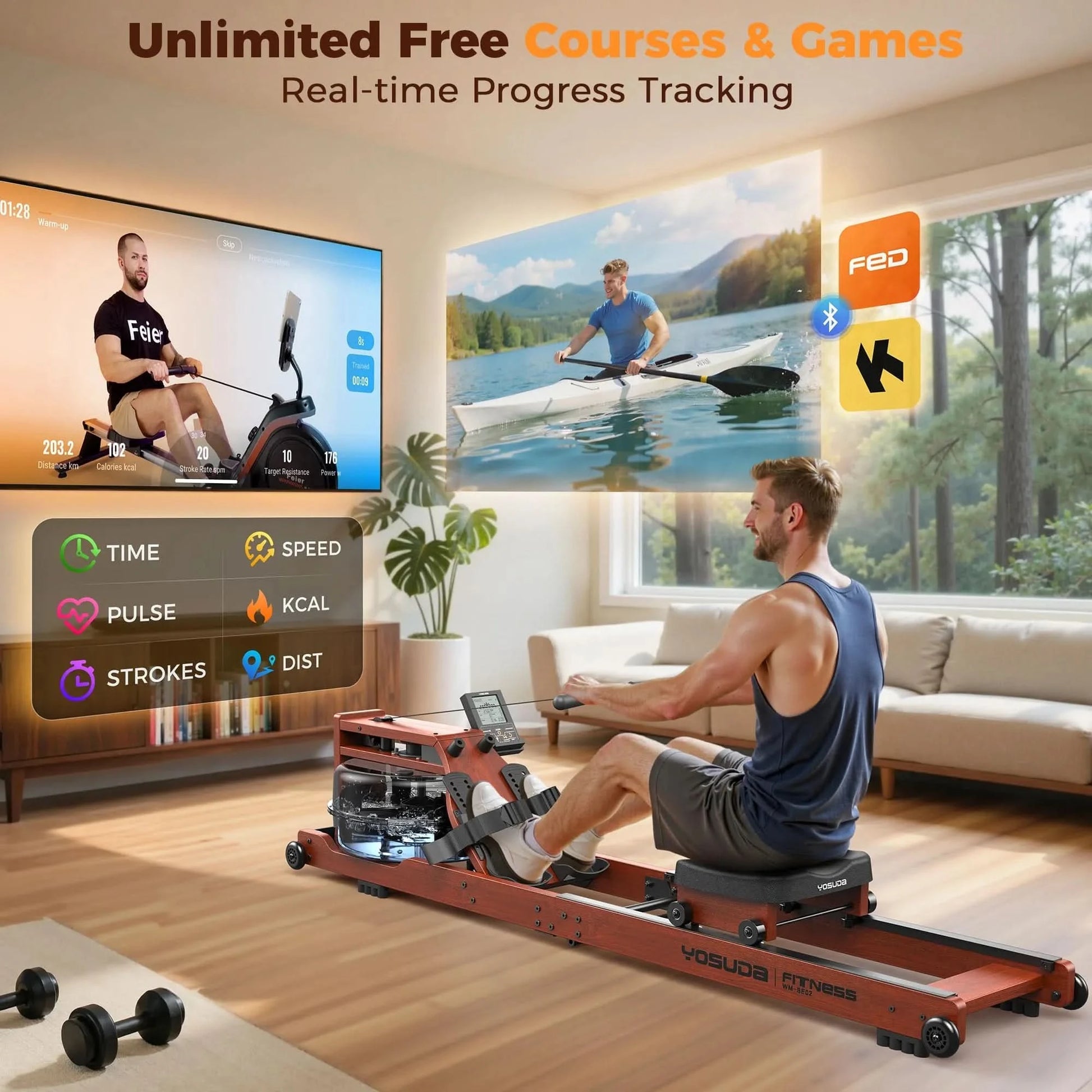 Man using a rowing machine in a living room with a TV displaying fitness content.