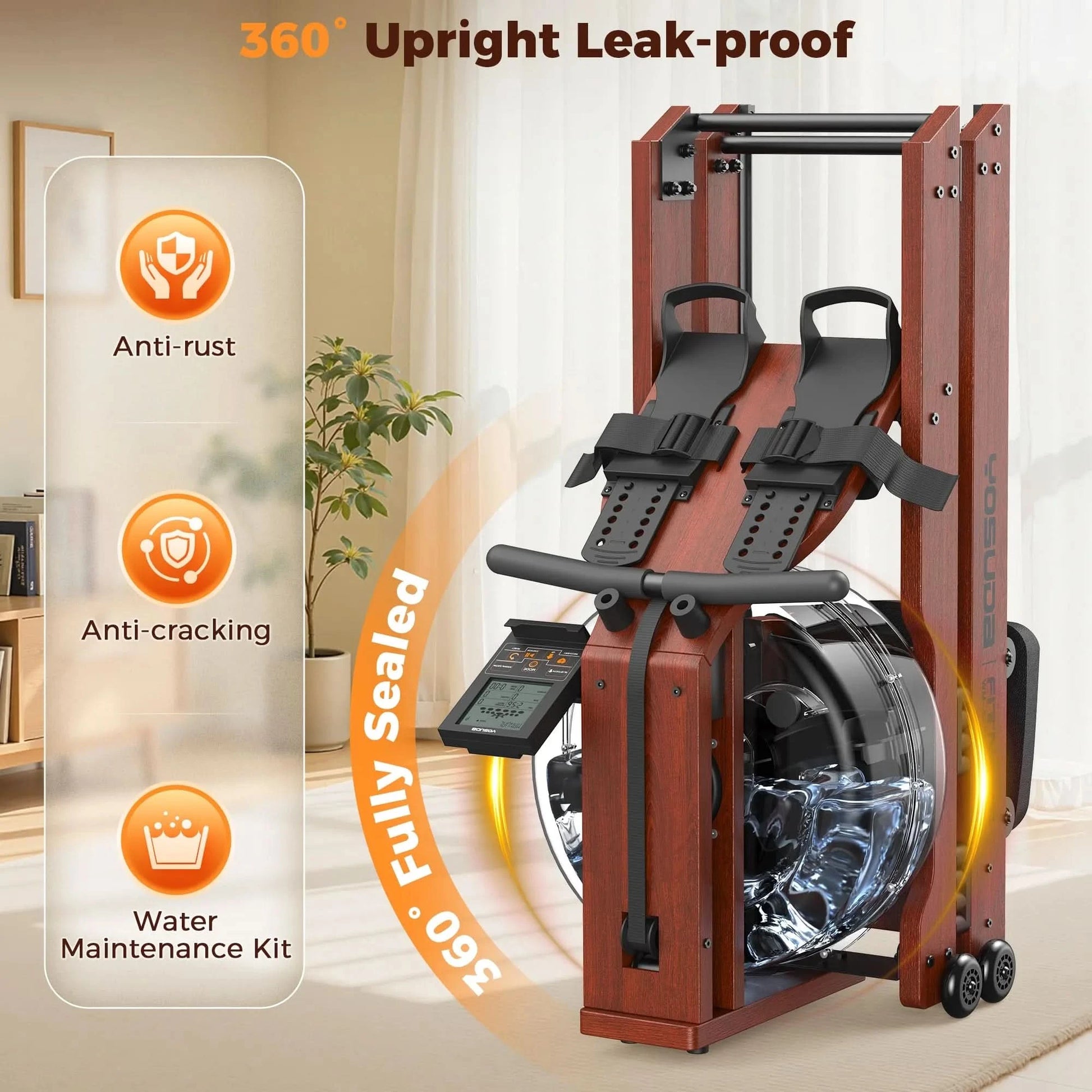 Rowing machine with features highlighted on a blurred indoor background