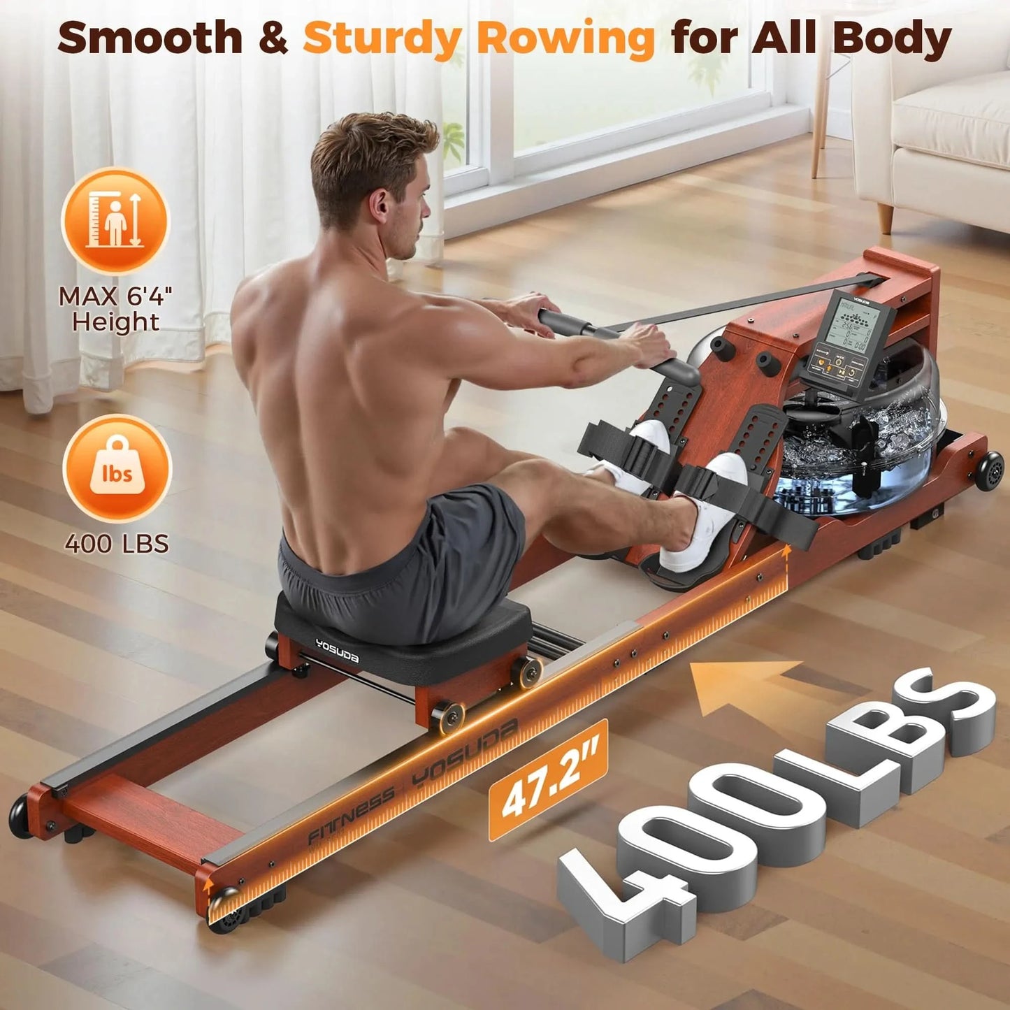 Man using a rowing machine with text highlighting features on a wooden floor.