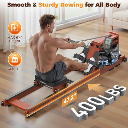 Man using a rowing machine with text highlighting features on a wooden floor.
