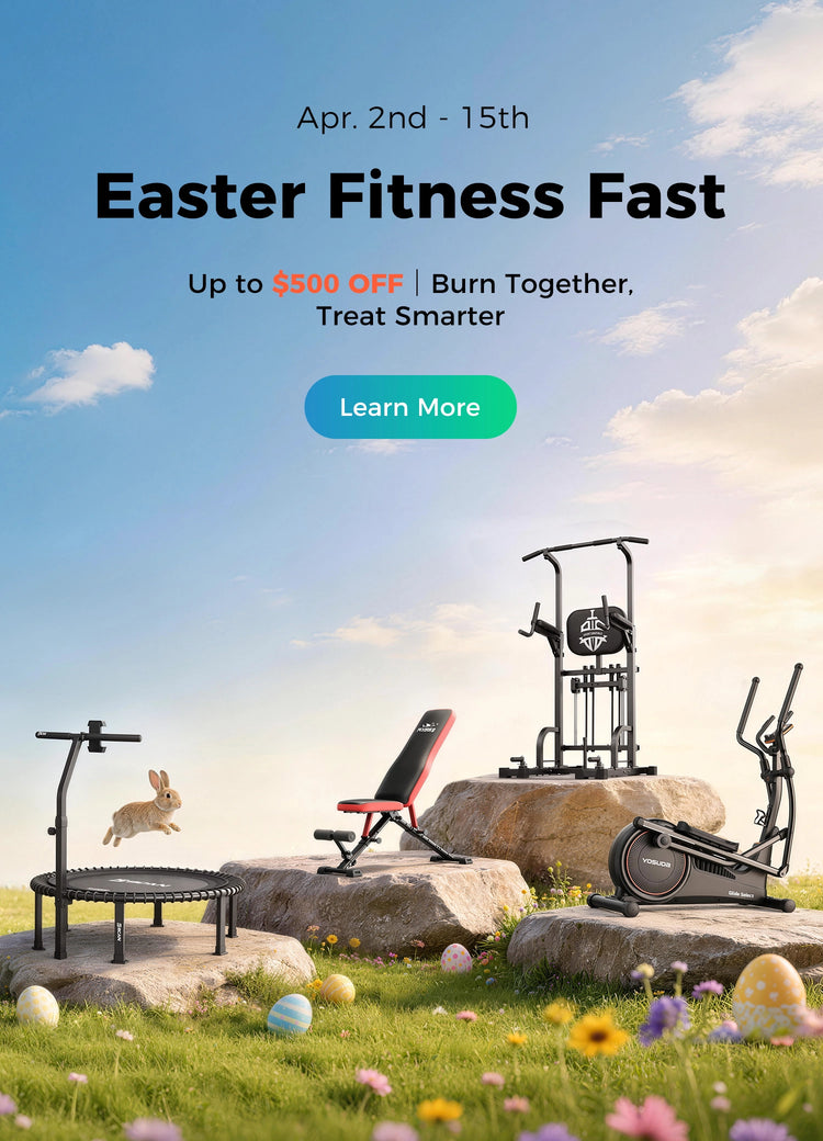 Fitness equipment on a grassy field with Easter eggs and a rabbit, promoting an Easter Fitness Fast offer.