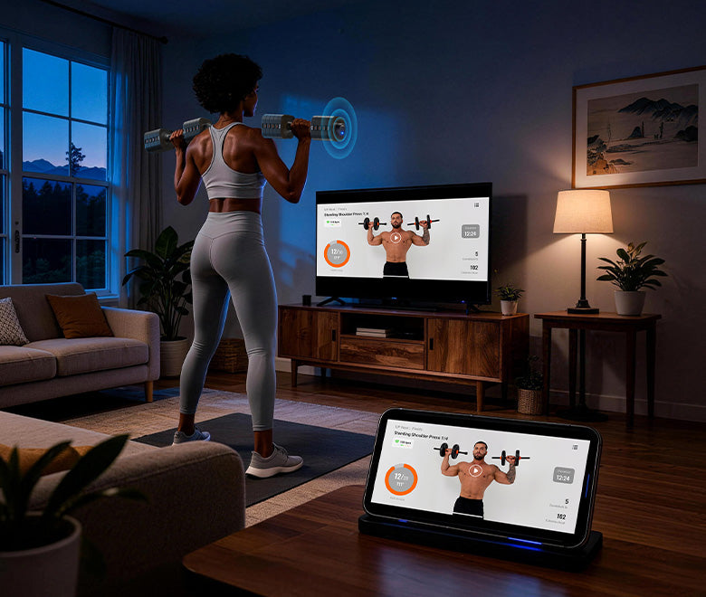 Woman exercising with dumbbells in front of a TV and tablet displaying workout content in a home setting.