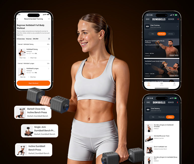 Woman exercising with dumbbells, surrounded by smartphone screens displaying a fitness app interface.