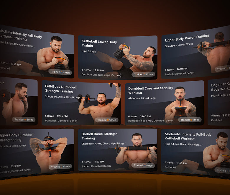 Grid of workout training programs with men performing exercises on a dark background