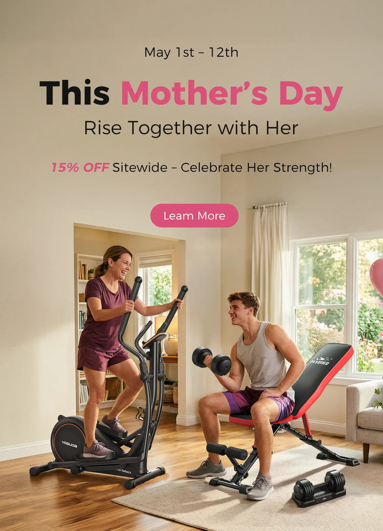 Two people exercising together in a home setting with promotional text for Mother's Day sale.