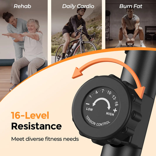 Fitness equipment with resistance control dial and lifestyle images of people exercising.