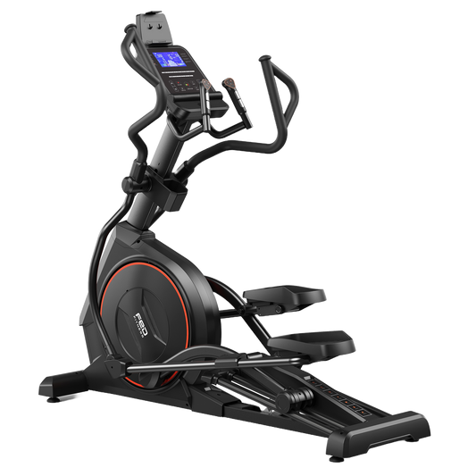 Elliptical trainer with digital display on a white background