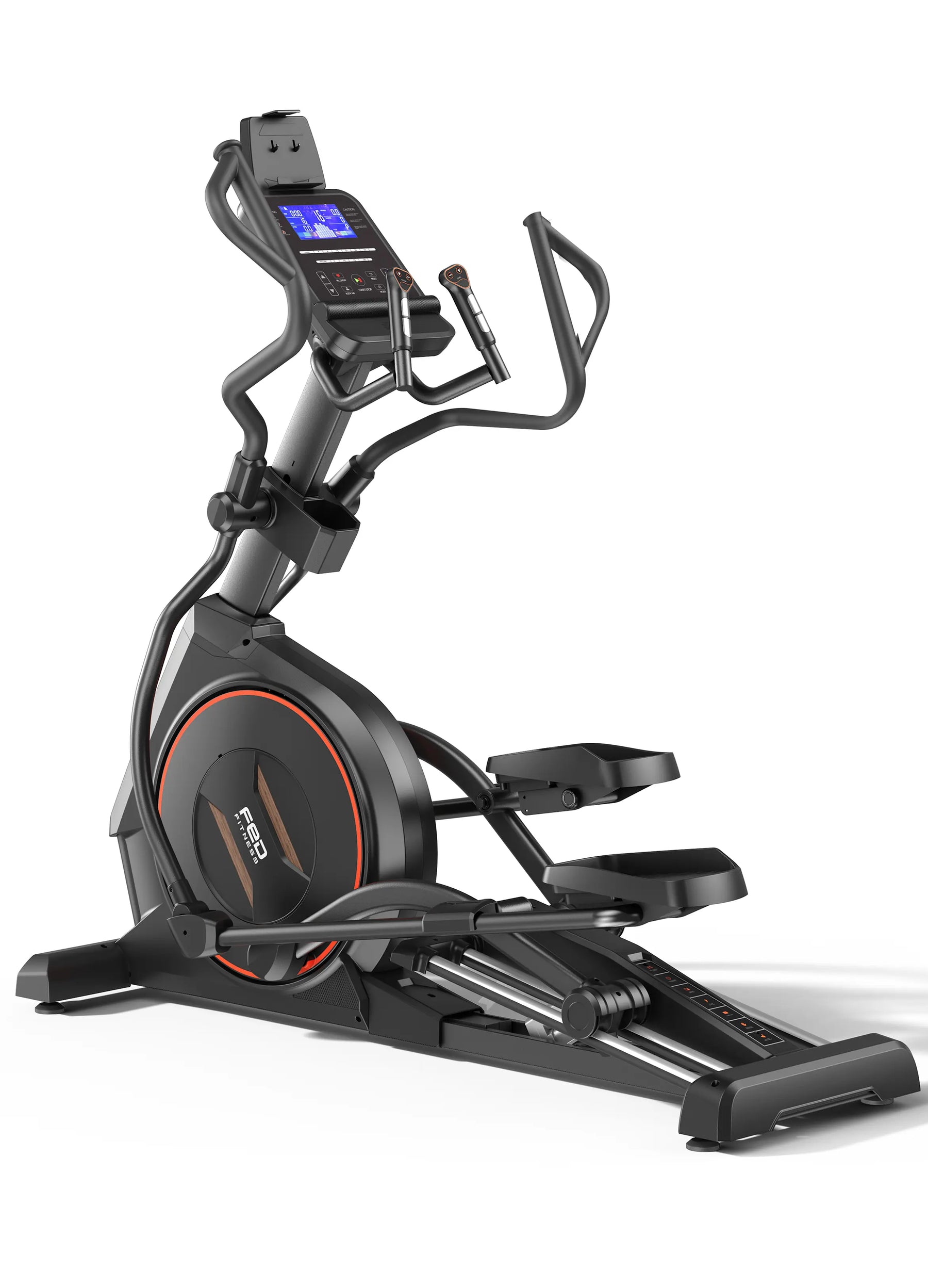 Elliptical trainer with digital display on a white background