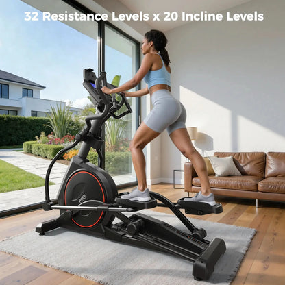 Woman exercising on aelliptical machine in a modern living room with text indicating resistance and incline levels.
