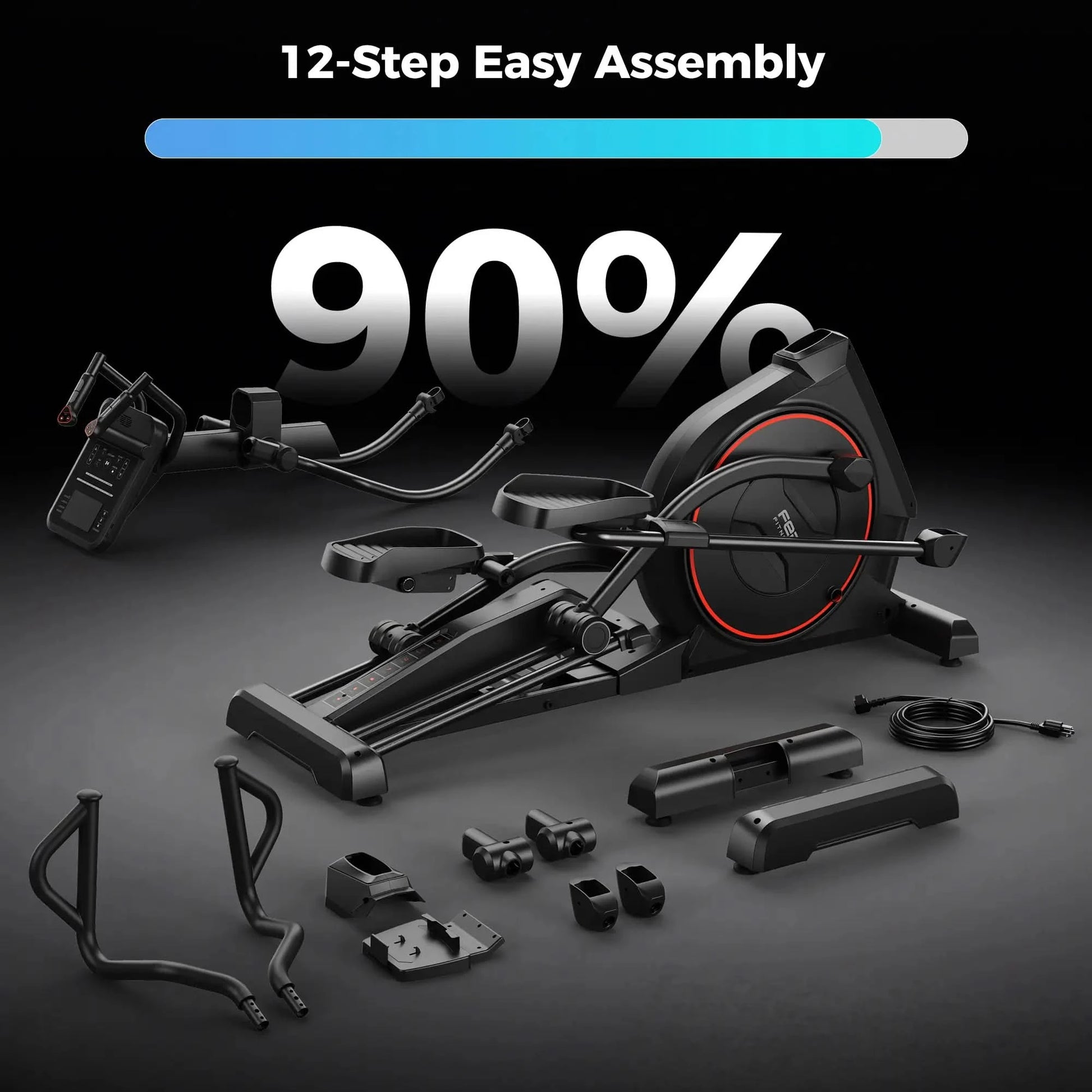 Exercise bike components with '12-Step Easy Assembly' text and progress bar on a dark background
