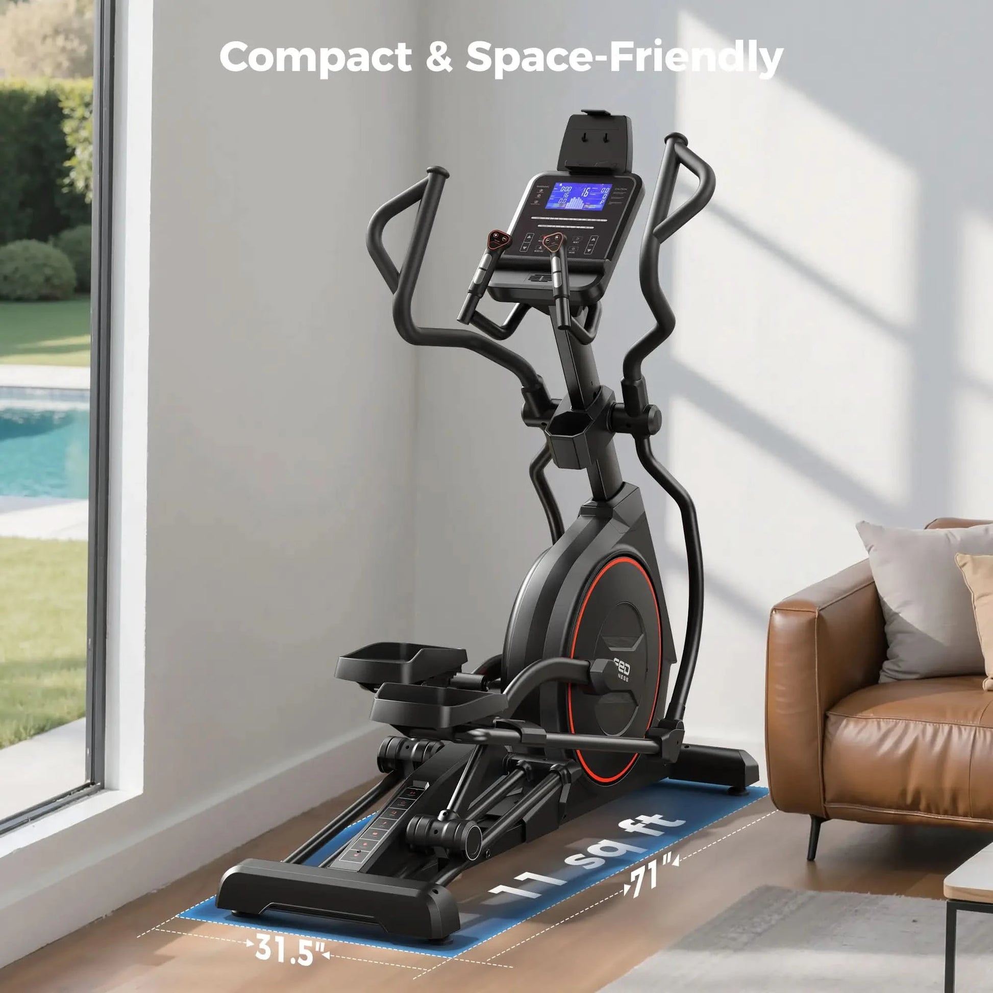 Compact elliptical machine in a home setting with a couch and window view.