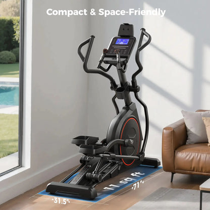 Compact elliptical machine in a home setting with a couch and window view.