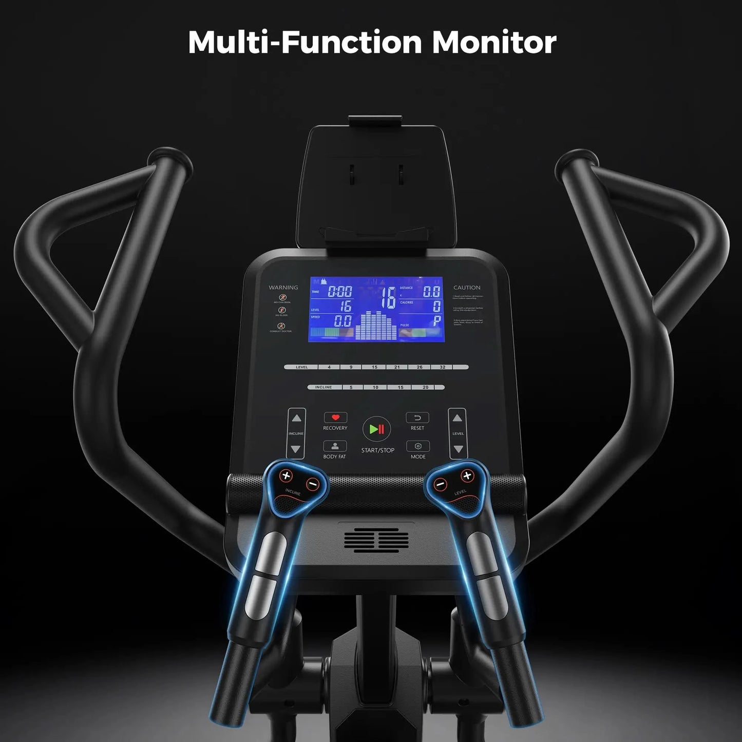 Multi-function monitor on a piece of exercise equipment with a black background