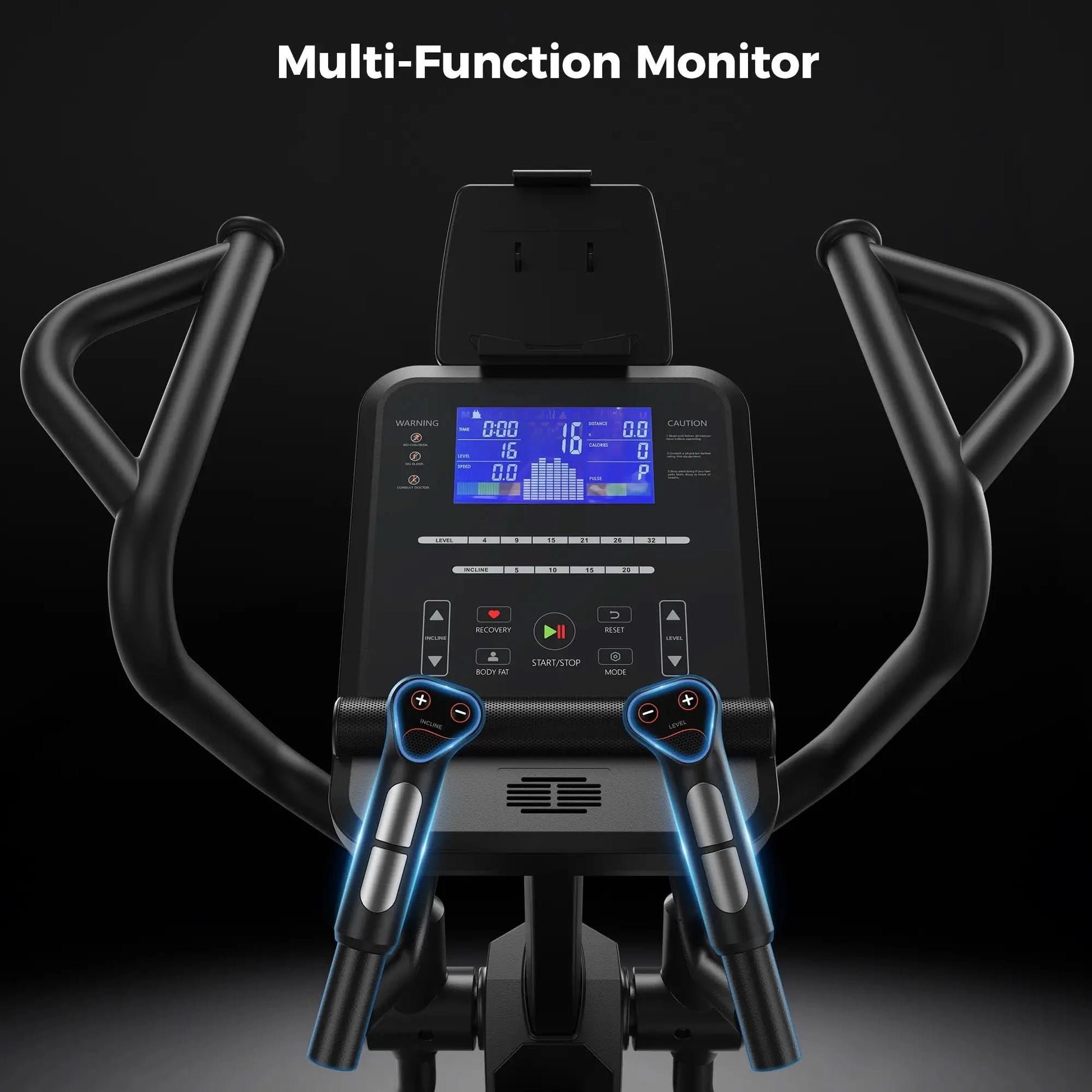 Multi-function monitor on a piece of exercise equipment with a black background